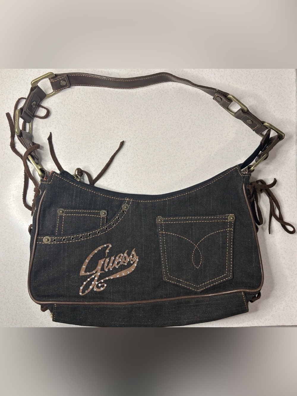 Vintage Y2K Guess Denim Shoulder Bag Spell Out Logo Rhinestones Brass